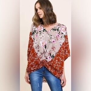 UMGEE Multi-Floral Dolman Sleeve V-Neck Top Center Knot Oversized Medium